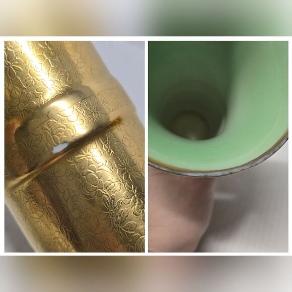 Vintage Pickard 24K Gold Encrusted Vase with Roses and Daises Green Interior 853 - Picture 8 of 9